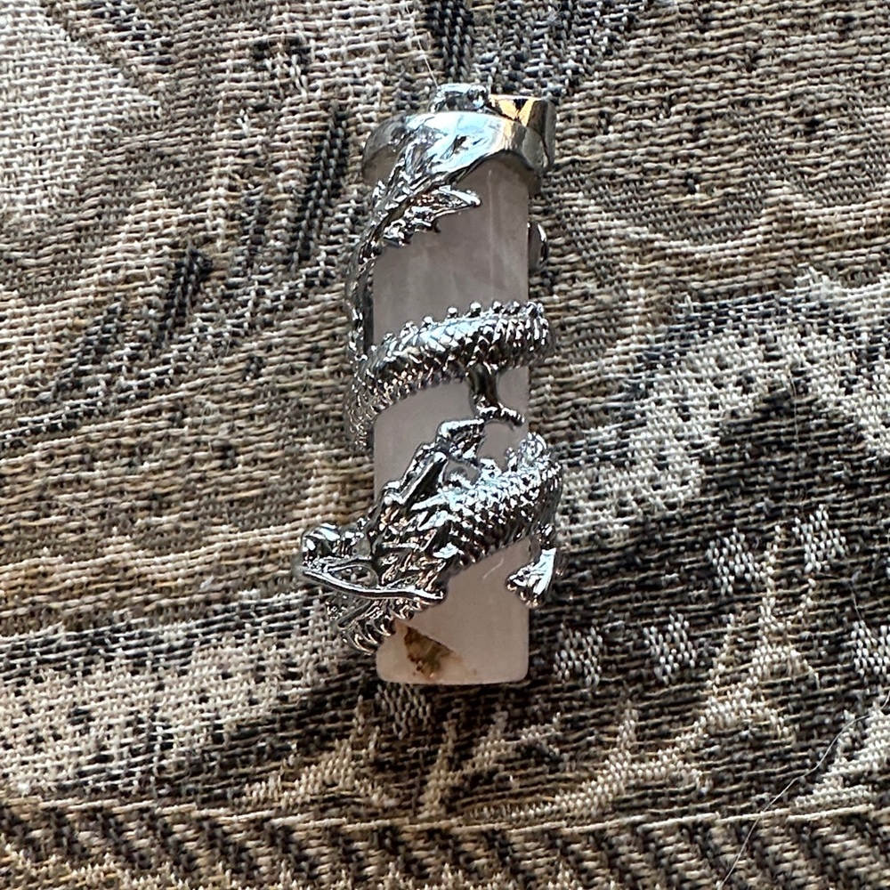 18K Gold Silver plated Dragon Wrapped Opalite Pink Crystal Pendant